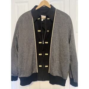 Ancora Jacket 80s Black Gold Suede Sweater Bottom Zip up Vintage Wool Tweed Lg